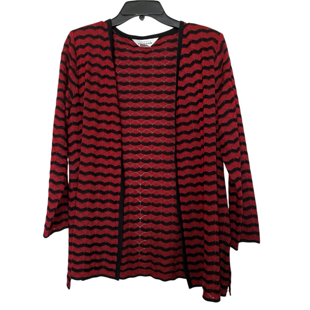 Exclusively Misook Women’s Sz S Open Jacket /Cardigan Red Black Stripe